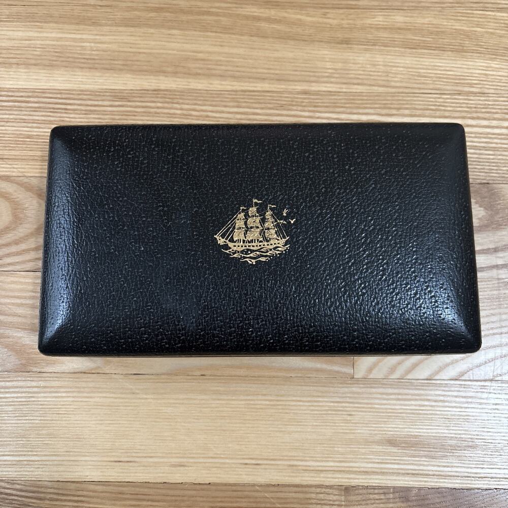 Vintage Black Leather Jewelry Box Red Velvet Lining Gold Ship Nautical Motif